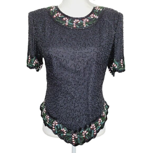 Vintage Laurence Kazar Sz PM Black Silk Beaded Blouse Holidays Candy Canes EUC - Picture 1 of 12